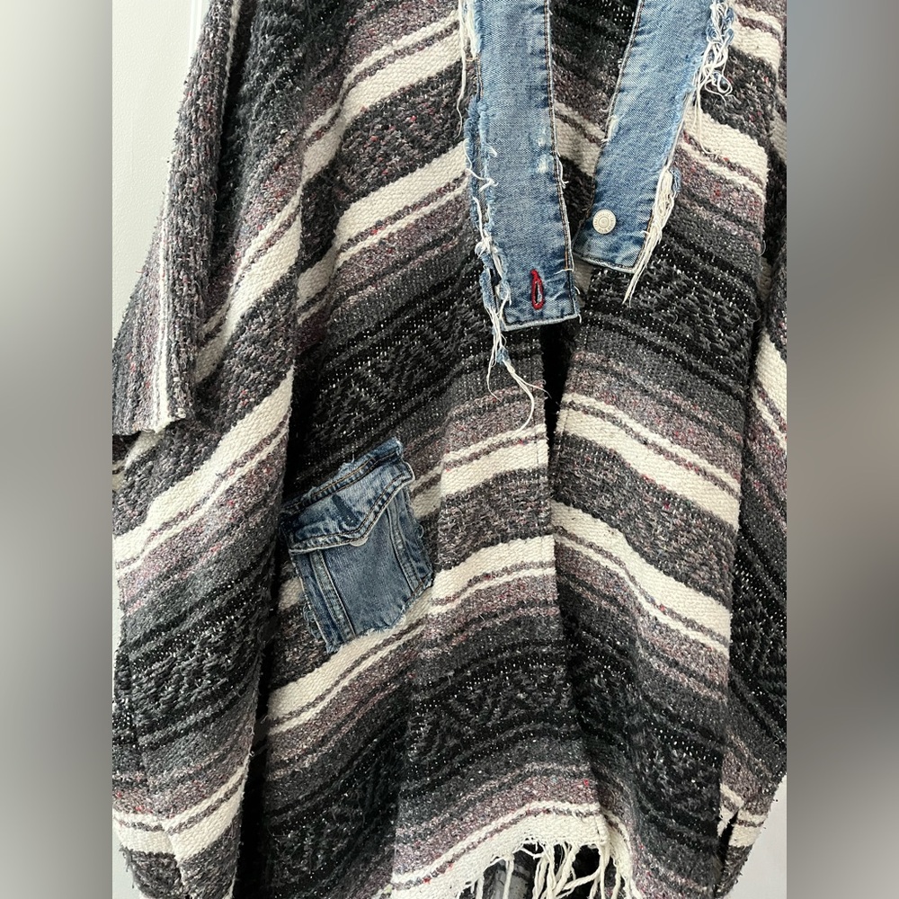 Boho Baja Poncho Sweater with Denim Trim & Fringe | Oversized Blanket Cardigan - Picture 2 of 6
